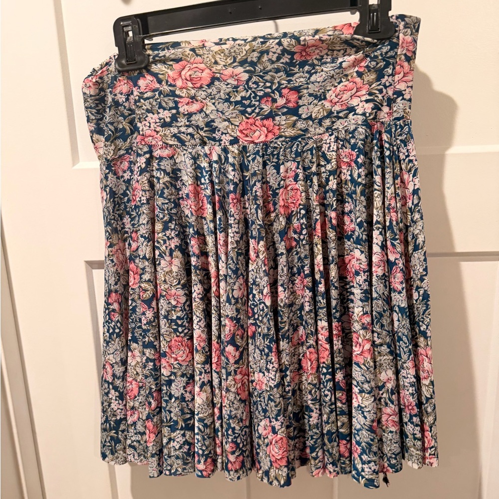 Floral Pleated Blue & Pink Midi Skirt